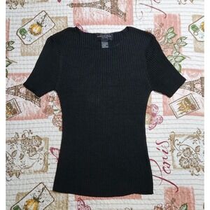 AUGUST SILK Petites Women's Round Neck Top  Short Sleeve  Black 100% SILK Size S